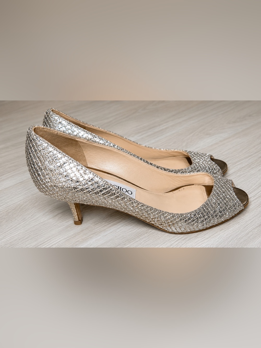 Jimmy Choo Glitter Peep Toe Kitten Heel Pumps Silver Women's Size 37 us 6.5